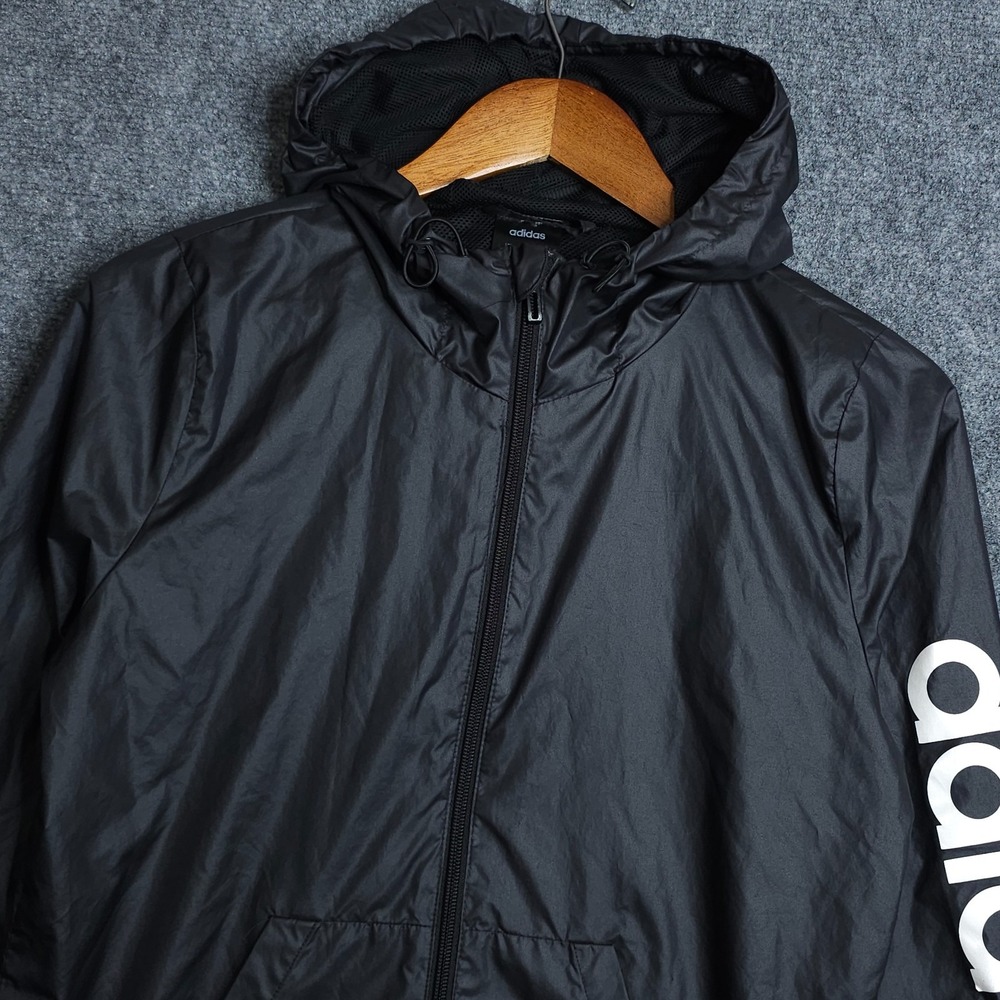 Adidas Linear Logo Windbreaker Jacket Womens XS Black Hooded Full Zip Running